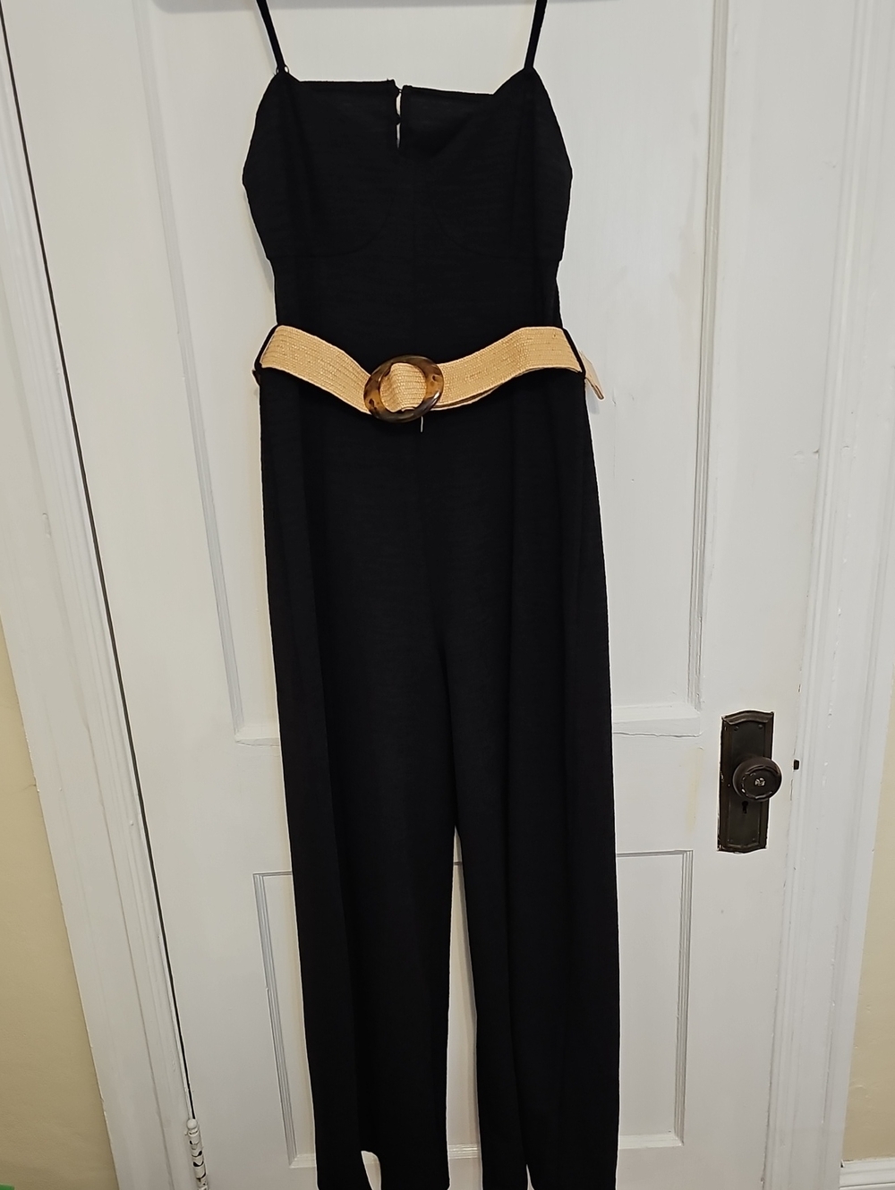 Black Strappy Jumpsuit with Tan Belt